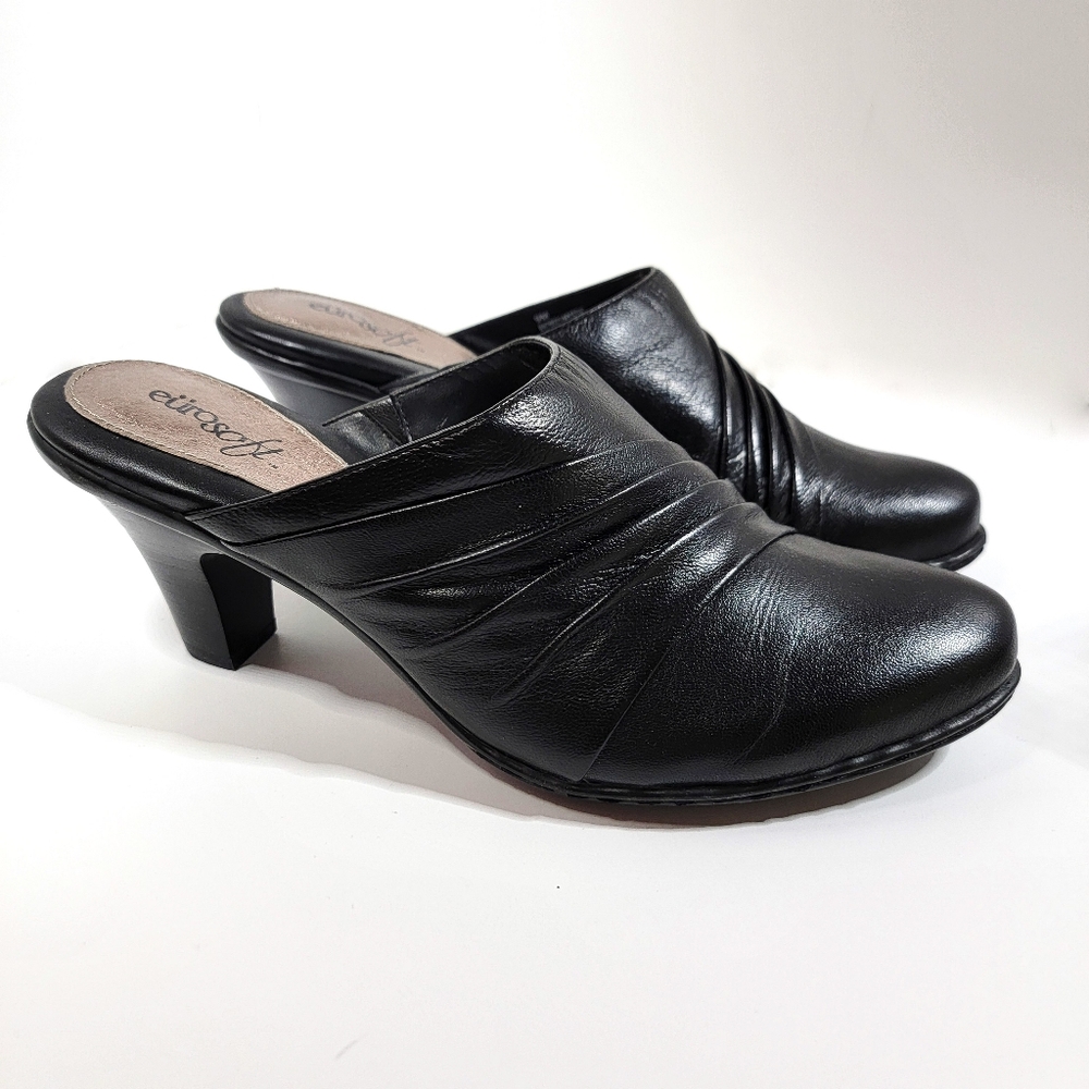 EURO SOFT Mystic Women's Mules Heels Shoes Black Leather Slide On Size 9 M